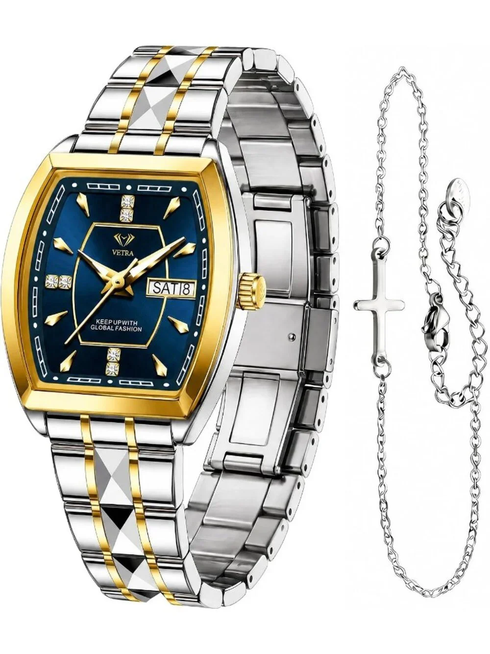 Women's Blue Two Tone Stainless Steel Waterproof Casual Dress Date Wrist Watch